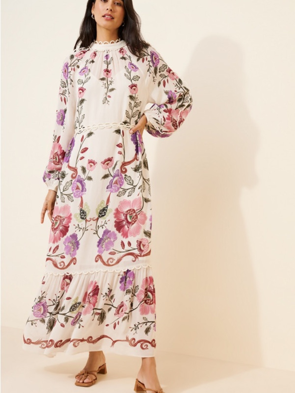 FARM Rio White Maxi Dress with Pink & Purple Floral Embroidery